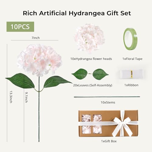 Auihiay 10PCS Faux Hydrangea Flowers, Lifelike Pink Hydrangeas Bouquets, Hydrangea Artificial Flowers for Wedding Centerpieces, DIY Bouquets, Bridal Shower, Home Decor, Mother's Day, Garden (Pink) - color: Light Pink