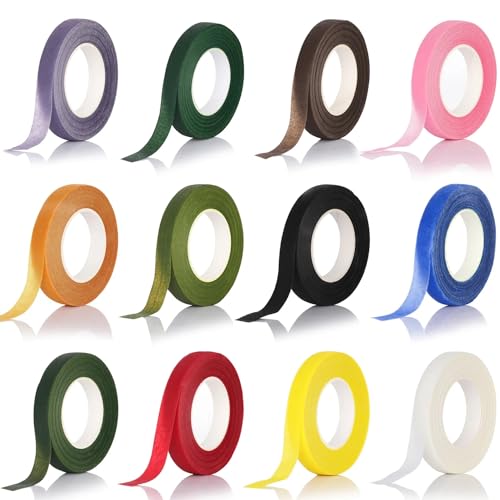 12 Rolls Colorful Floral Tape, Stem Wrap Tape Bouquet Wrap Tape for Bouquet Stem Wrapping, Floral Arrangement and Crafts, 0.47 Inches x 30 Yards Each Roll
