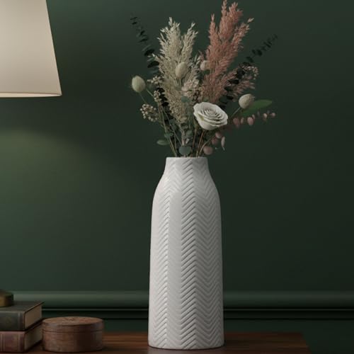 hjn Large White Vase for Flowers Ceramic Vase for Home Decor Tall Vases for Your Floor/Kitchen/Office/Living Room/Table- White Texture(Large) - size: 7D'' x 18"H