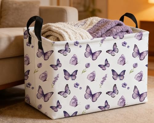 Essme Rectangular Kids Baskets,Butterfly Storage Box,Cute Basket for Kids with Handles for Room Decor, Book Bins.(Purple butterfly) - color: Purple butterfly
