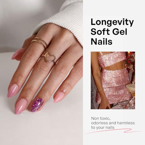 32Pcs Soft Gel Press on Nails for Women, Glitter Pink, Short Almond | Sparkling Chunky Sequins False Fake Nails Press Ons for Party Night Out, Salon Quality Reusable Glue & Stick on Nail Gift Kit - color: 3H-Glitter Pink