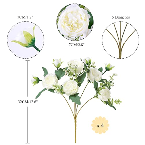 Floweroyal 4 Bunches Peony Artificial Flowers White Flowers Silk Peonies Bouquets for Wedding Party Table Centerpieces Floral Arrangement Home Kitchen Decor. - color: White-4pcs