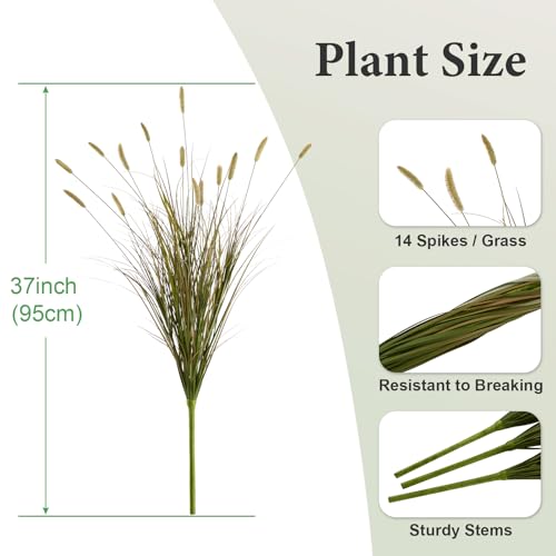 37 inches Extra Lush Artificial Reed Grass (6pcs), Luxury Fake Tall Plants with 14 Heads Dogtail Flower, Luxury Faux Tall Greenery with Dogtail for Garden Porch and Home Decor (Yellow-14) - color: Yellow-14, size: 37 inches