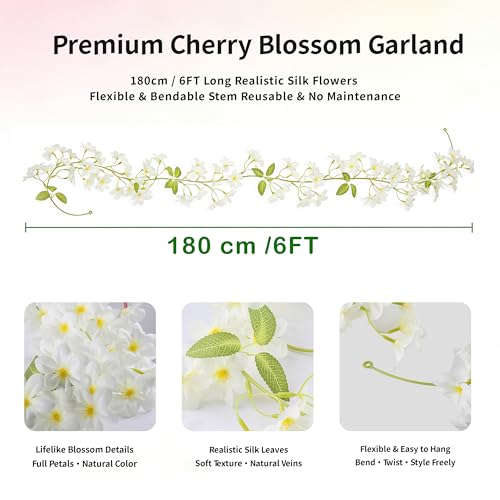 White Cherry Blossom Garland, 2‑Pack – 6FT Artificial Silk Flower Vines for Wedding, Arch, Wall, Party & Home Décor, Indoor/Outdoor - size: 6FT-White