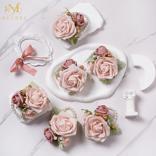 6Pcs Dusty Pink Faux Foam Rose Corsages for Women Wedding 6Pcs | Artificial Foam Rose Corsages Wristlet for Wedding Prom Bride Bridesmaids Homecoming Party Ceremony Anniversary - color: 6pcs Champagne Pink Wrist Corsage