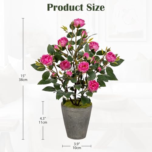 Hollyone Artificial Flower Plants Camellia Pink Roses Faux Potted Plant with Cement Pot Fake Silk Flower Rose Camellias Flower Arrangement Office Home Decor Bathroom Shelf Desk Decoration 15 Inch - color: Pink