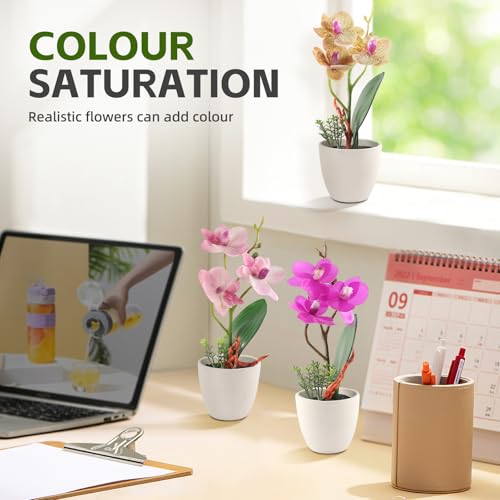 2Pcs Artificial Flowers Orchid Fake Phalaenopsis Small Potted Plant Ceramic Vase for Table Centerpiece Home Office Bathroom Wedding Decor(Purple & Pink) - color: Purple & Pink