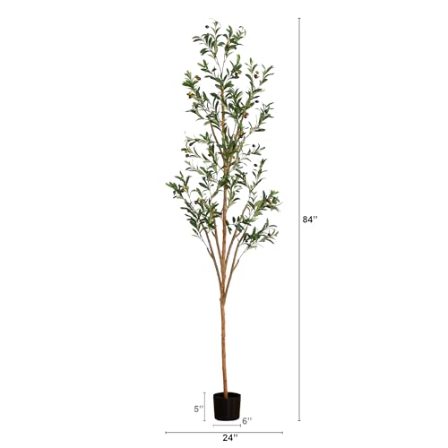 Nearly Natural Olive Tree Artificial Indoor 7FT Tall Silk Faux Olive Tree for Home and Office Decor, Fake Potted Olive Tree with Natural Wood Trunk, Realistic Olive Tree Branches and Lifelike Fruits - size: 7ft