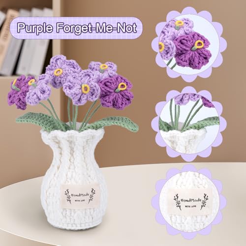 Forget Me Not Crochet Flower Plant, Small Cute Handmade Knitted Flowers with Vase, Small Crochet Potted Artificial Flower Plants for Desk Home Car Dashboard Office Decorations (Forget Me Not-Purple) - color: Forget Me Not-purple