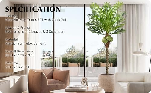 Roselywed Artificial Phoenix Palm Tree 6.5FT with 12 Leaves & 3 Coconut Fruit & Real Bark Tropical Areca Sago Palm Tall Large Faux Plant 78 Inch Black Pot for Indoor Outdoor Home Poolside Mall Decor - size: 6ft 6in