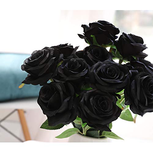 Nubry Artificial Silk Rose Flower Bouquet Lifelike Fake Rose for Wedding Home Party Decoration Event Gift 10pcs (Black) - color: Black
