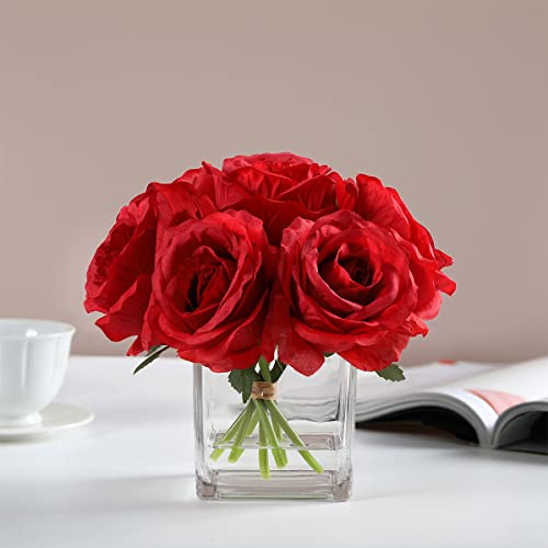 Red Roses Silk Flowers in Vase with Fake Water, Artificial Rose with Vase for Home Decor Indoor, Wedding Table (Red) - color: Red