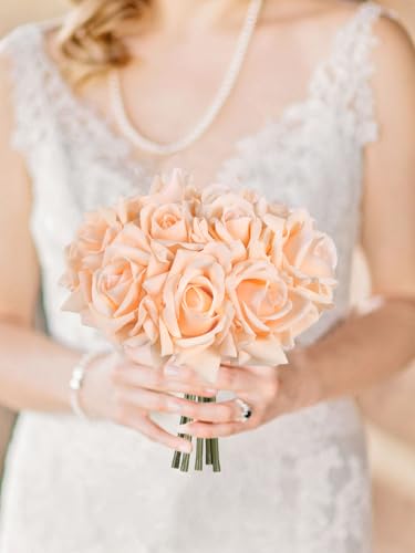 IPOPU 2 Bouquets Real Touch Roses Artificial Flowers 10PCS Champagne Flowers Fake Roses with Stems for Wedding Party Home Table Centerpieces Decoration(Champagne) - color: Champagne