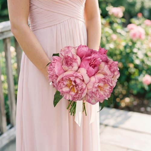 Dark Pink Peonies Silk Flowers 2 Bouquets Fake Peonies 14 Heads Faux Peony Flowers with Stems for Wedding Decoration Bride Bouquet Faux Flowers Crafts Floral Arrangement (Dark Pink) - color: Dark Pink