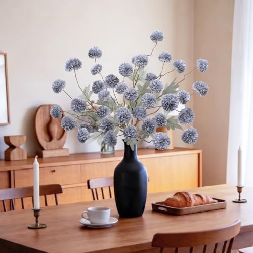 INQCMY Artificial Flowers 12 Pcs Fake Chrysanthemums Faux Kiku Flower Long Stem 20" Realistic Silk Pompon Mums for Vase Wedding Bouquets Centerpieces Home Decor (Haze Blue) - color: Haze Blue