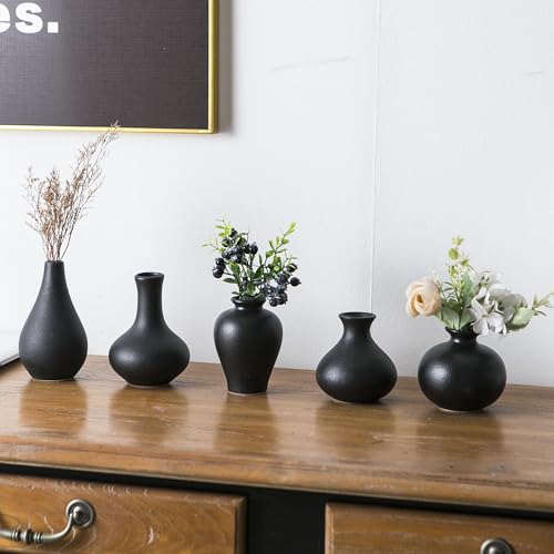 Black Bud Vases, Ceramic Small Vase Set of 5, Mini Vases for Fresh and Dried Flowers, Modern Home Decor, Pottery Centerpiece Table Decorations - color: Black - 5 Pcs