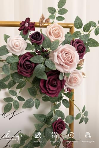 Ling's moment Wedding Artificial Welcome Sign Flowers Swag Arch Floral Garland Decorations Marsala Blush Ceremony Reception Entrance Entryway Party Banquets Easel Wall Home Outdoor(NOT Include Sign) - color: Marsala & Blush