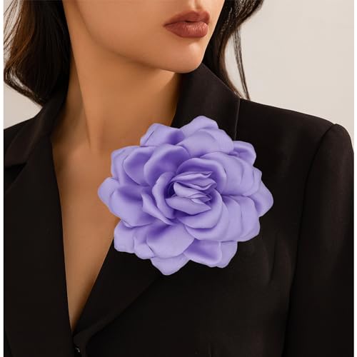 Large Flower Brooches Lapel Pins for Women Satin Fabric Brooches Big Camellia Flower Brooch Pins Wedding Part Dance Clothes Accessories Jewelry Gifts - color: purple