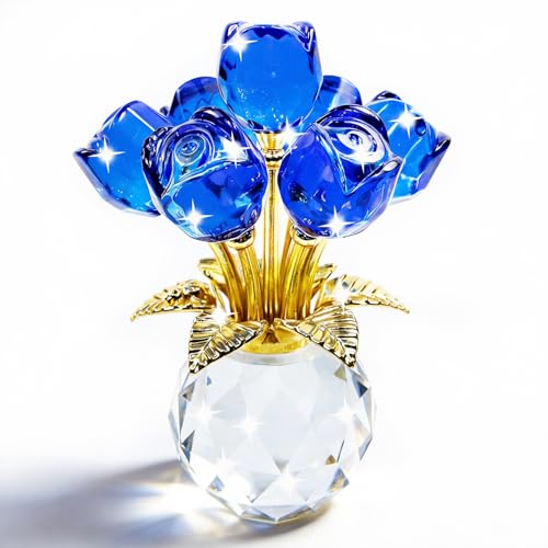 TWINKLING Crystal Roses Figurine with Round Vase, Glass Rose Crystal Flowers Bouquet, Birthday, Anniversary,Wedding, Home Décor,Gold Leaf (Blue) - color: Blue(gold Leaf)