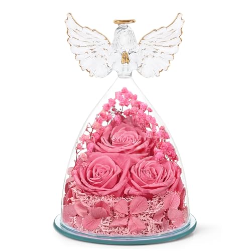 Mothers Day Flowers Gifts for Mom Flowers for Delivery Preserved Flowers Forever Real Fresh Roses in Glass Angel Figurines Birthday Gifts for Women Anniversary Present for Grandma Wife from Daughter - color: Sweet Pink (Rose, Baby's Breath, Hydrangea)