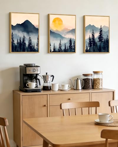 PHOPAGO Blue Fog Pine Tree Mountain Landscape Framed Wall Art Retro Watercolor Nature Misty Forest Artwork Paints Sun Rise Rustic Farmhouse Home Decor - 12x16in Natural Framed - color: Blue Mountain, size: 16L" x 12W" x 3 Pcs Natural