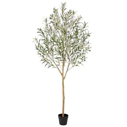 Bellacat 6ft Faux Olive Tree with Real Wood Trunk, 72in Artificial Olive Tree with Lifelike Fruits & Silk Leaves, Fake Olive Tree Indoor for Living Room Bedroom Office Decor - color: Green Olive Tree, size: 6ft