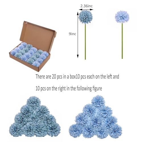 Kimura's Cabin 20Pcs Chrysanthemum Artificial Flowers Silk Mums Flower with Stem Balls Flowers for Wedding Party Bouquets Arrangements Home Coffee Table DIY Decoration Vase Fillers(Blue) - color: Sky Blue, Dark Blue