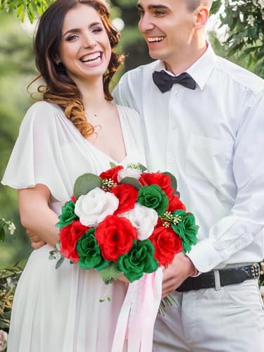 108pcs Roses Head Flowers with Stem - Red & Green White Italian Artificial Flowers Rose Bulk - Silk Rose Fake Flower for Mexico Italy Bridal Wedding Bouquet Baby Shower Centerpieces Christmas Decor - color: Green-red-white