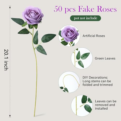 50 PCS Purple Roses Artificial Flowers, Real Looking Fake Roses with Long Stems Silk Flowers for DIY Wedding Bouquet Party Celebration Home Bridal Baby Shower Decoration Birthday Gift for Her Wife - color: Dusty Violet & Pale Lavender