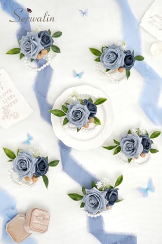Serwalin 6Pcs Blue Corsage Wristlet for Wedding, Corsages Wristlet for Bridesmaid Mother Grandmother, Artificial Flowers for Prom Ceremony Anniversary - color: Dusty Blue, size: Corsage 6pcs