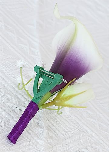 Boutonniere for Men Wedding Set of 4, Artificial Purple Calla Lily Groom and Groomsmen Boutonniere for Wedding Ceremony Anniversary Prom Formal Dinner Party Suit Decorations - color: Calla Lily Boutonniere Pack of 4