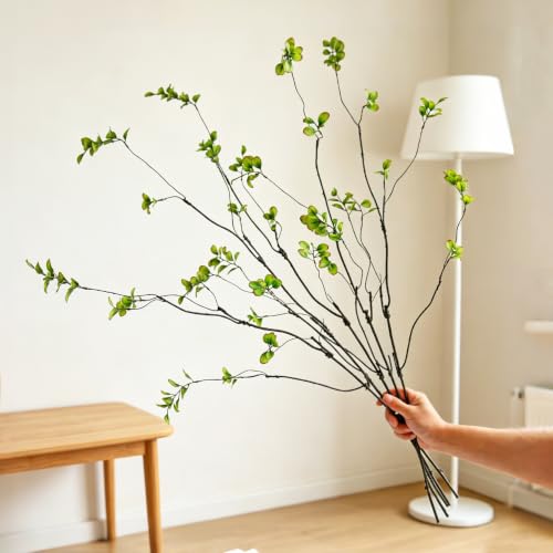5PCS Artificial Eucalyptus Stems Faux Ficus Branches Fake Greenery for Home Office Wedding Vase Filler Shop Decoration(Green) - color: Green