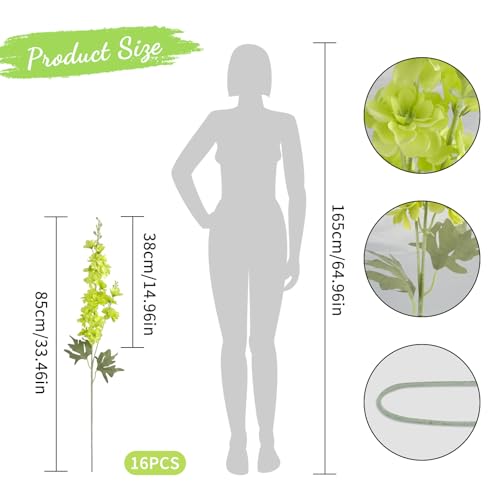 16Pcs Green Delphinium Artificial Flowers Larkspur 33.5'' Long Stem Fake Silk Green Flowers for Tall Vases for Home Wedding Party Table Centerpiece Floral Arrangement (Light Green) - color: Light Green