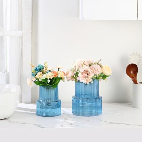 Ribbed Glass Vases for Bouquet, Set of 2 Blue Vases for Flowers, Blue Glass Vase for Tulips, Modern Vase for Living Room, Office, Coffe Table, Dining Table, Shelf, Wedding - color: Blue, size: Ribbed Mixed Sizes (2-Pack)