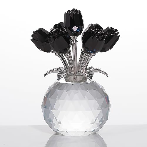 Movdyka Black Rose Flower Crystal Figurine with Vase, Bouquet Flowers Gifts for Wife Girlfriend Women - Fake Black Roses Halloween Gothic Decor - color: Black-crystal Rose
