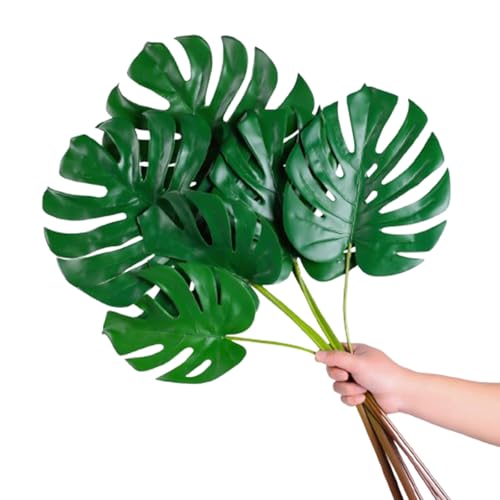DuHouse 6Pcs Faux Monstera Leaves Artificial Greenery with Long Stems Large Fake Tropical Palm Leaves for Home Wedding Birthday Theme Party Decorations