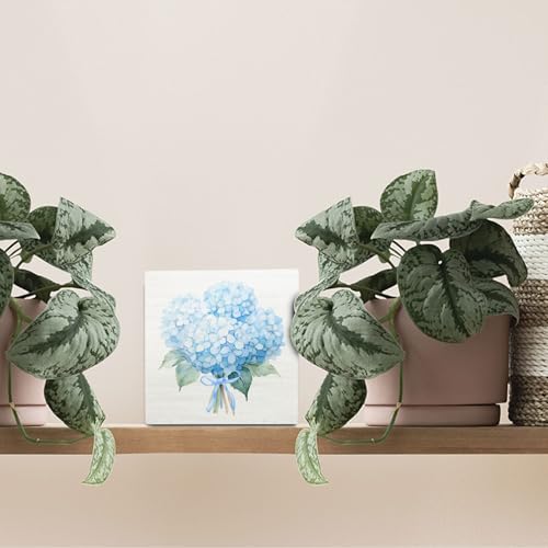 Blue Hydrangea Bow Wooden Signs,Blue Bow Spring Flowers Bouquet Wooden Box Sign,Watercolor Hydrangea Floral Decor For Home Desk Tabletop Shelf Decoration 5x5 Inches - color: Hydrangea Bow