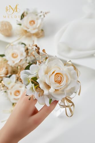 Champagne Rose Women Corsage and Men Boutonniere Set for Dance Party | Groomsmen and Groom Boutonniere for Wedding, Prom, Homecoming, Wrist Corsages for Mother of Bride, Bridesmaids, Girls - color: Champagne-b 1 Wrist Corsage&1 Boutonniere