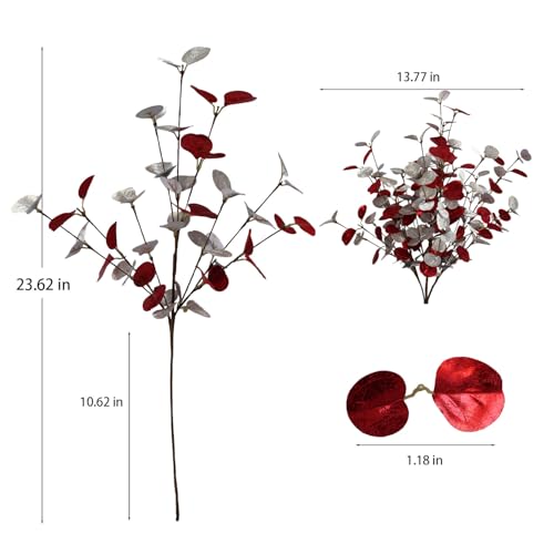 4pcs 23.62" Realistic Red & Silver Faux Eucalyptus Stems – Artificial Eucalyptus Leaves for Vase Decoration, Christmas & Rustic Farmhouse Greenery for Table Centerpiece - color: Red and Silvery