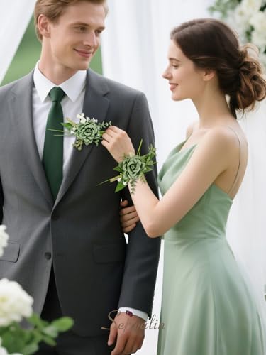 Serwalin 2 Pcs Wrist Corsage and Boutonniere Set, 6-7 Inch Green Corsage for Wedding, Boutonniere for Men Corsage Wristlet Prom Ceremony Anniversary Accessories Suit - color: Green, size: 1 Boutonniere & 1 Wrist Corsage-2pcs