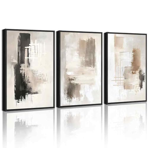PHOPAGO Modern Abstract Framed Wall Art Mid Century Minimalist Beige Pastel Neutral Wall Decor for Kitchen Bathroom - 11x14in Black Framed - color: White Abstract, size: 14L" x 11W" x 3 Pcs Black