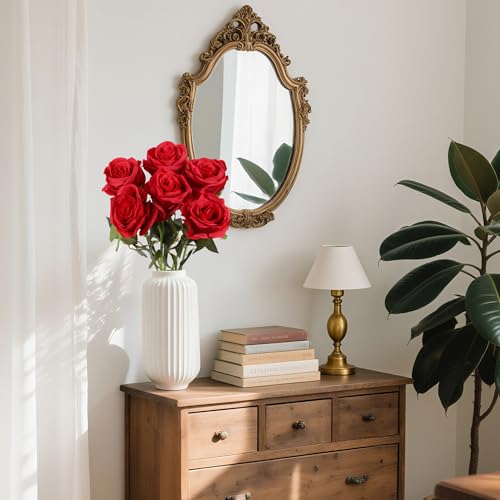 IPOPU 6PCS Deep Red Silk Lop-Sided Rose Artificial Flower with Long Stem Fake Leaf Roses, Artificial Long Stem Fake Roses Suitable for DIY Wedding, Home Decoration and Outdoor Party. - color: Deep Red