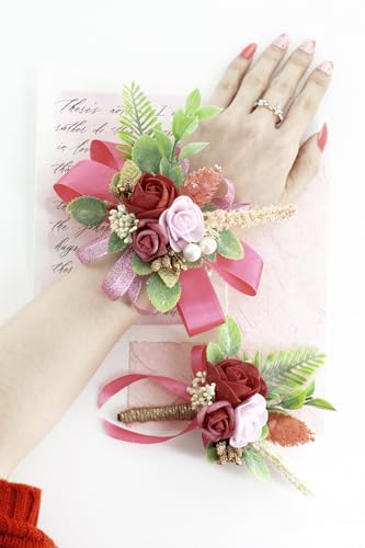 Blush Hot Pink Corsage and Boutonniere Set Wrist Corsage Wristlet for Prom Groom Flower Boutonniere for Men Wedding Party Homecoming Accessories Suit - color: Blush Hot Pink