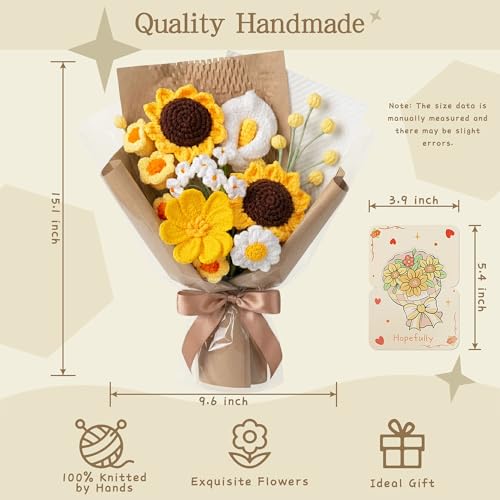 Sunflower Daisy Crochet Flowers Bouquet Handmade Knitted Artificial Flowers Home Decor Mother's Day Graduation Birthday Anniversary Wedding Gift for Wife Lover Teacher Friends (Include Card) - color: Flowers014