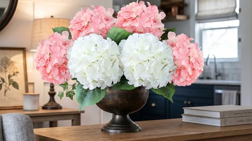 6PCS White Large Silk Hydrangea Flowers, 20 in Full Faux Hydrangea Artificial Flowers with Stems Leaves for Fake Lifelike Spring Bouquets Wedding Party Table Centerpieces Indoor (White) - color: White