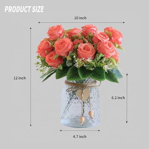 Faux Flowers in Vase, 18 Pcs Fake Rose Flowers, Artificial Flowers for Home Decor, Indoor Centerpiece for Living Room & Dining Table - Pink - color: Pink Rose