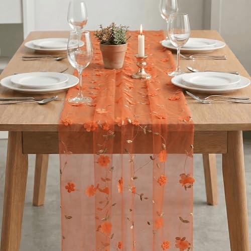Artoid Mode 3D Flower Orange Gauze Embroidery Table Runner 120 Inch 10FT, Tulle Seasonal Spring Kitchen Dining Holiday Table Decor for Home Party - color: Orange