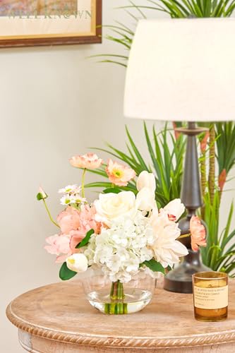 Artificial Flowers in Vase for Seasonal Decor, Mixed White Tulips & Pink Silk Fake Flowers Bouquet Arrangements in Glass Vase with Fake Water for Spring Home Office Hotel Wedding Party Table Decor - color: Mixed White