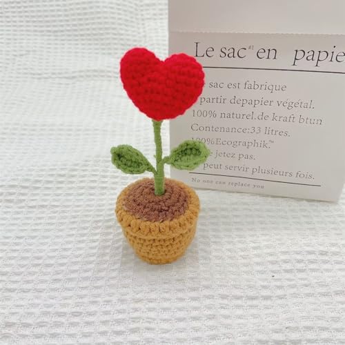 JOONOR 3PCS Mini Crochet Rose Potted Plant,Hand Knitted Red Love Rose Puff Flower for Bathroom Home Kitchen Rustic Table Centerpiece Shelf Decor - color: Color#10