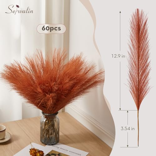 Serwalin 60PCS Burnt Orange Pampas, 17.7inch Terracotta Pampas Grass Decor, Fall Faux Pampas Grass Bulk Boho Decor for Vase Filler Farmhouse Home Wedding Christmas Decor Table Centerpiece - color: B Burnt Orange